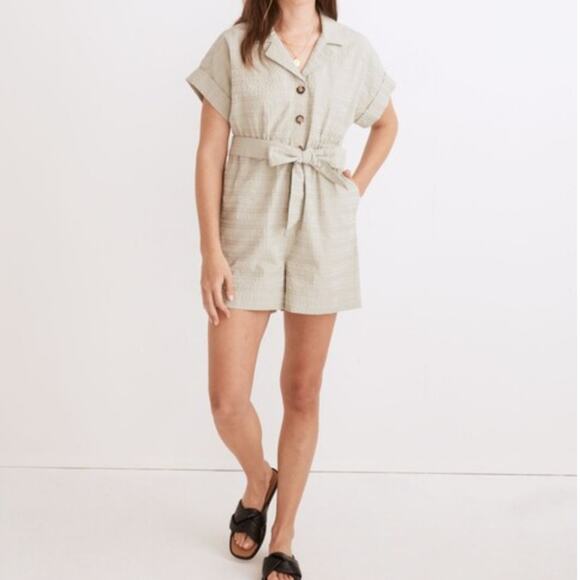 Madewell Seersucker Camp Romper Button Down Tie Sage Green Short Sleeve Small - Picture 1 of 9